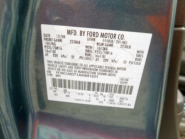 Photo 9 VIN: 1FMCU0D71AKB51231 - FORD ESCAPE XLT 