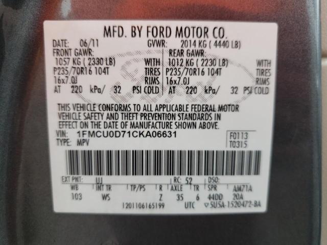 Photo 9 VIN: 1FMCU0D71CKA06631 - FORD ESCAPE XLT 