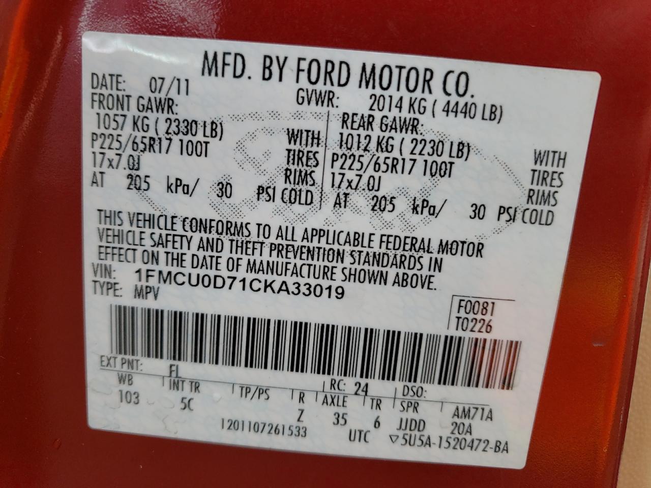 Photo 12 VIN: 1FMCU0D71CKA33019 - FORD ESCAPE 