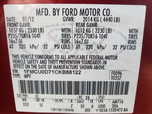 Photo 9 VIN: 1FMCU0D71CKB88122 - FORD ESCAPE XLT 