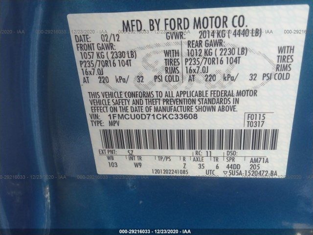 Photo 8 VIN: 1FMCU0D71CKC33608 - FORD ESCAPE 