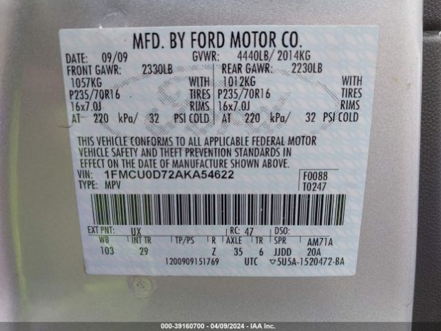 Photo 8 VIN: 1FMCU0D72AKA54622 - FORD ESCAPE 