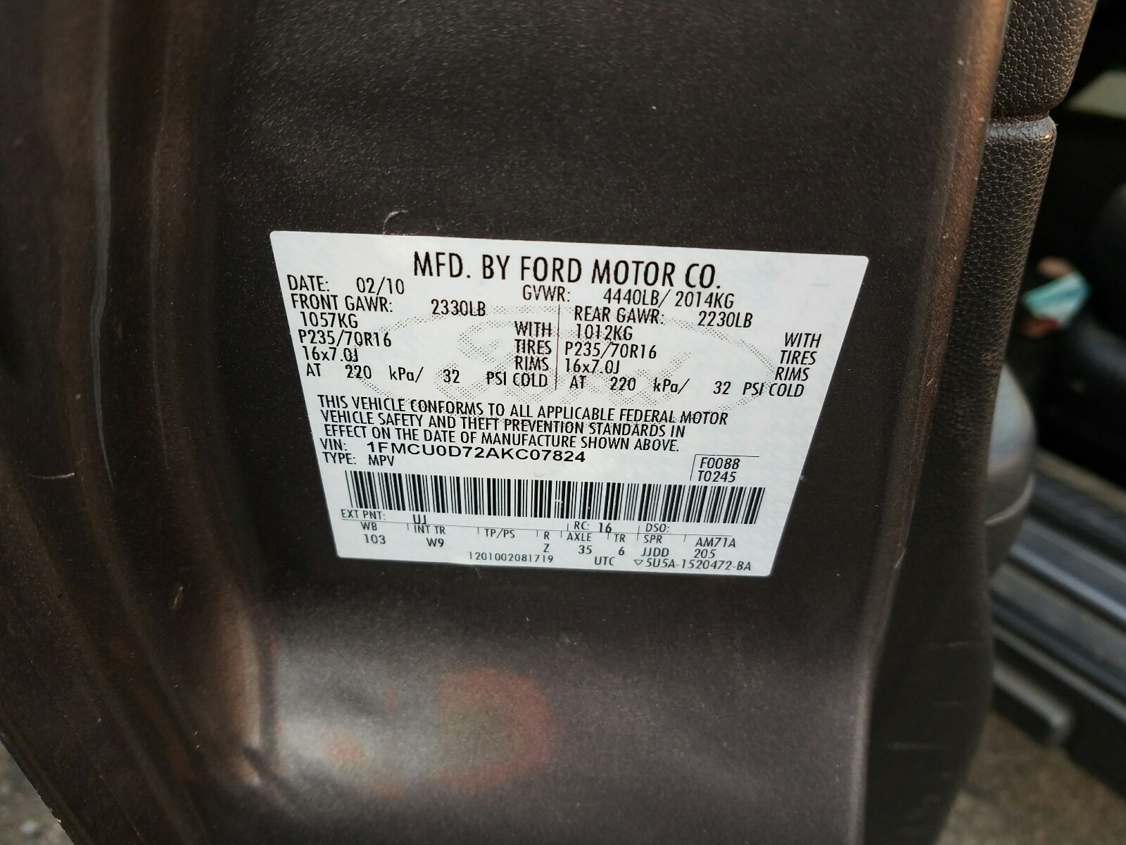 Photo 9 VIN: 1FMCU0D72AKC07824 - FORD ESCAPE XLT 