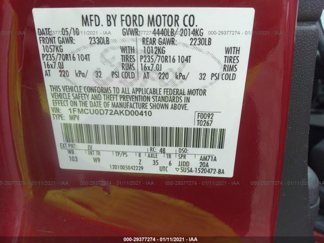 Photo 8 VIN: 1FMCU0D72AKD00410 - FORD ESCAPE 