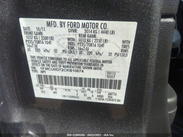 Photo 8 VIN: 1FMCU0D72CKB10674 - FORD ESCAPE 