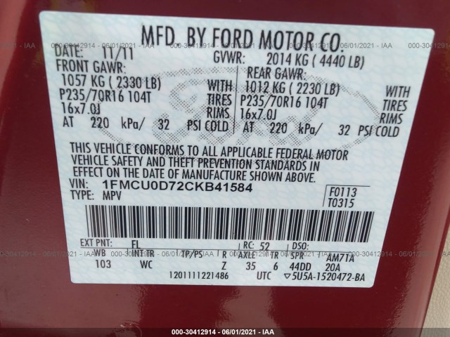 Photo 8 VIN: 1FMCU0D72CKB41584 - FORD ESCAPE 