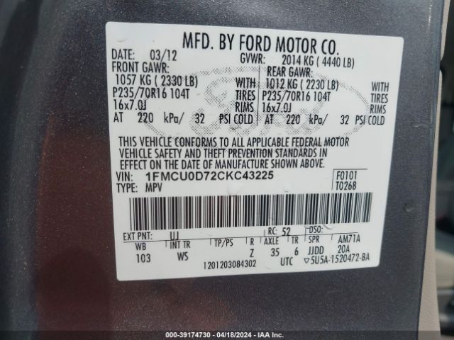 Photo 8 VIN: 1FMCU0D72CKC43225 - FORD ESCAPE 