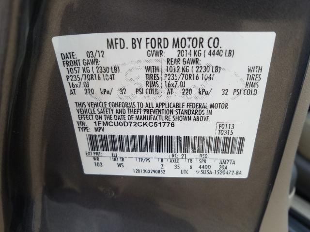 Photo 9 VIN: 1FMCU0D72CKC51776 - FORD ESCAPE XLT 