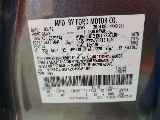 Photo 11 VIN: 1FMCU0D72CKC51891 - FORD ESCAPE XLT 