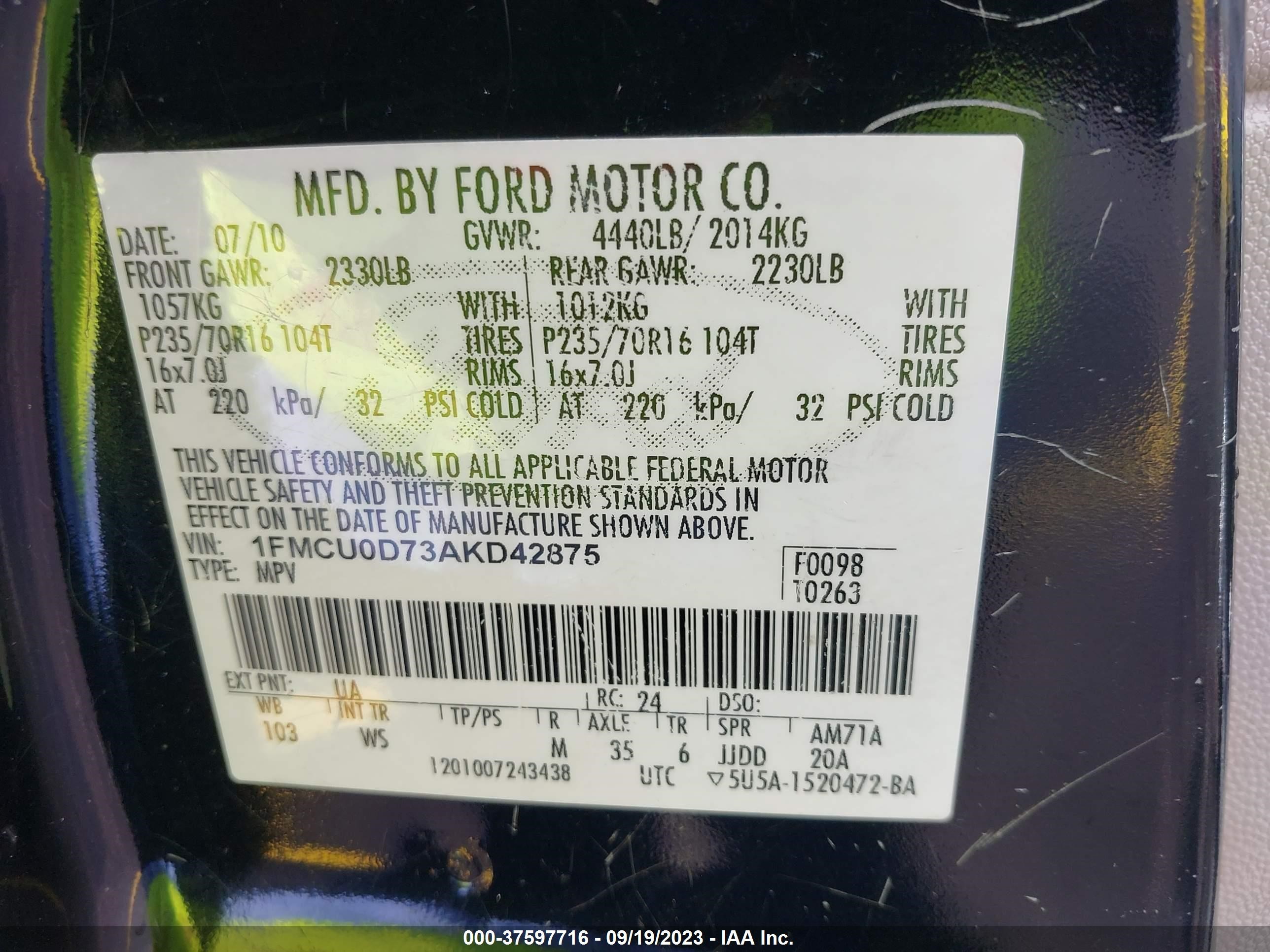 Photo 8 VIN: 1FMCU0D73AKD42875 - FORD ESCAPE 