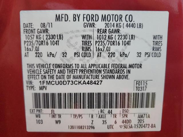 Photo 12 VIN: 1FMCU0D73CKA48427 - FORD ESCAPE XLT 