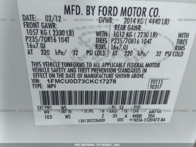 Photo 8 VIN: 1FMCU0D73CKC17278 - FORD ESCAPE 