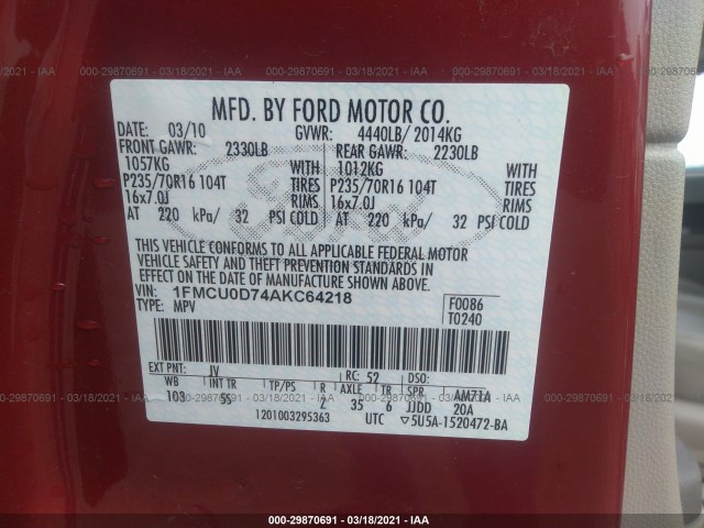 Photo 8 VIN: 1FMCU0D74AKC64218 - FORD ESCAPE 