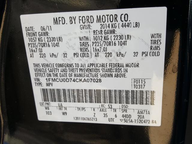 Photo 9 VIN: 1FMCU0D74CKA07028 - FORD ESCAPE XLT 