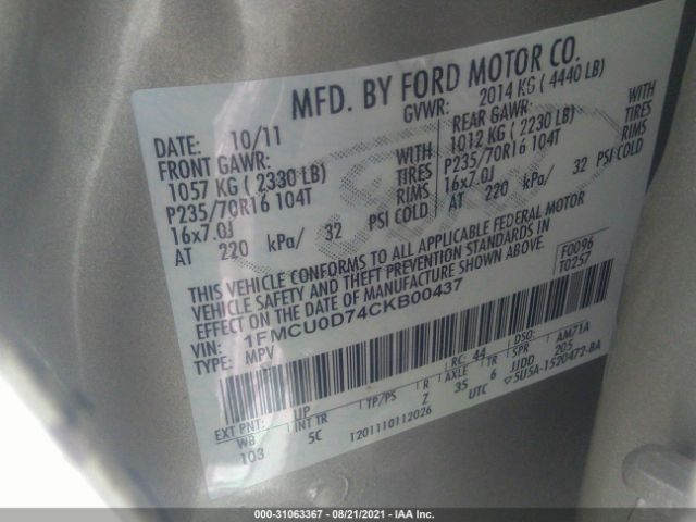 Photo 8 VIN: 1FMCU0D74CKB00437 - FORD ESCAPE 