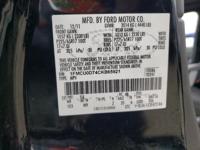 Photo 9 VIN: 1FMCU0D74CKB65921 - FORD ESCAPE XLT 