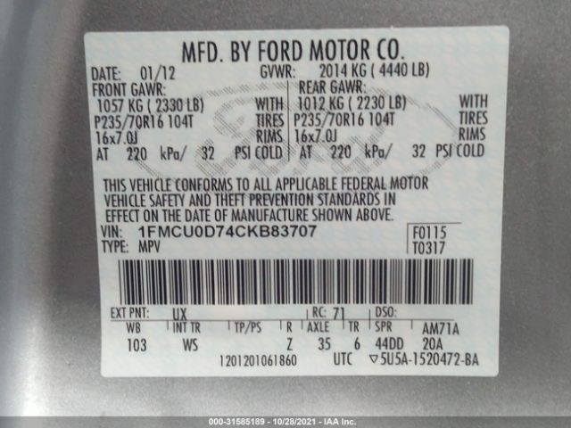 Photo 8 VIN: 1FMCU0D74CKB83707 - FORD ESCAPE 