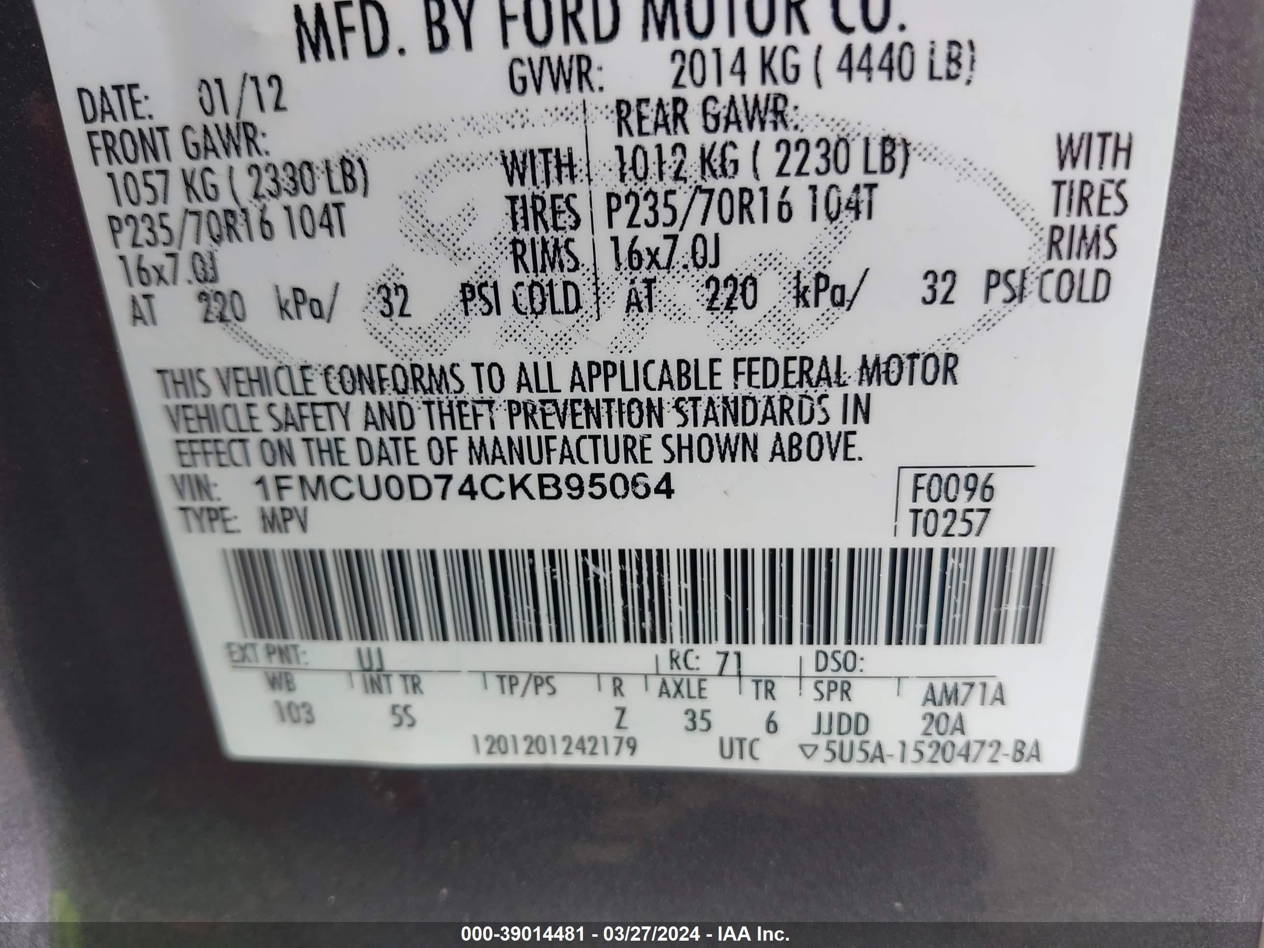 Photo 8 VIN: 1FMCU0D74CKB95064 - FORD ESCAPE 