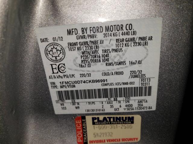 Photo 9 VIN: 1FMCU0D74CKB96991 - FORD ESCAPE XLT 