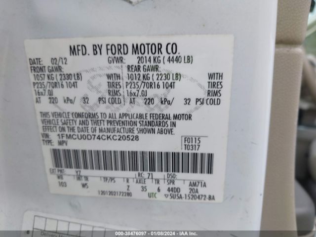 Photo 8 VIN: 1FMCU0D74CKC20528 - FORD ESCAPE 