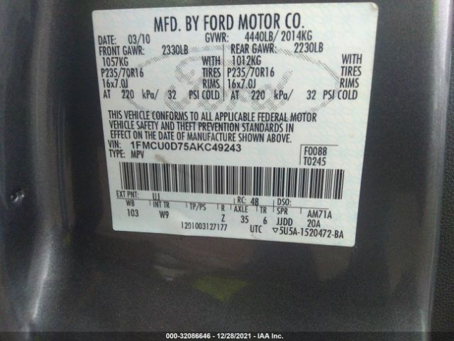 Photo 8 VIN: 1FMCU0D75AKC49243 - FORD ESCAPE 