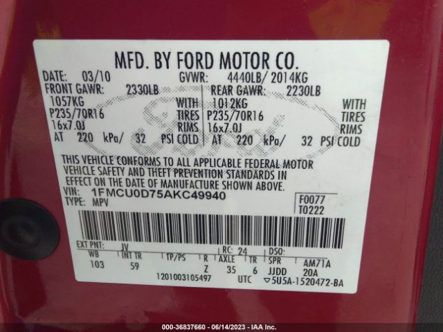 Photo 8 VIN: 1FMCU0D75AKC49940 - FORD ESCAPE 