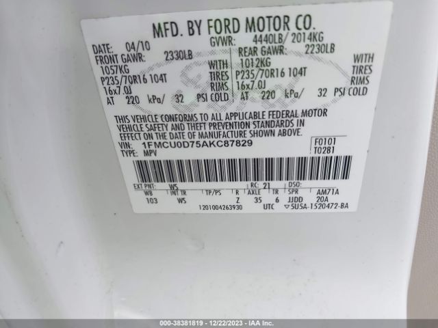 Photo 8 VIN: 1FMCU0D75AKC87829 - FORD ESCAPE 