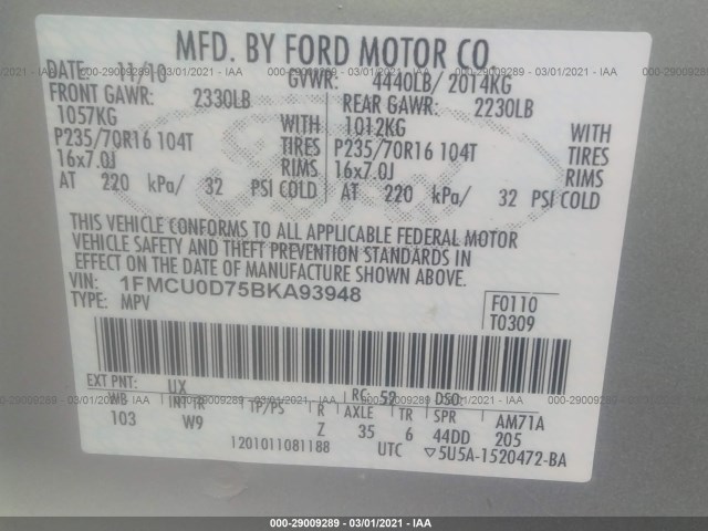 Photo 8 VIN: 1FMCU0D75BKA93948 - FORD ESCAPE 