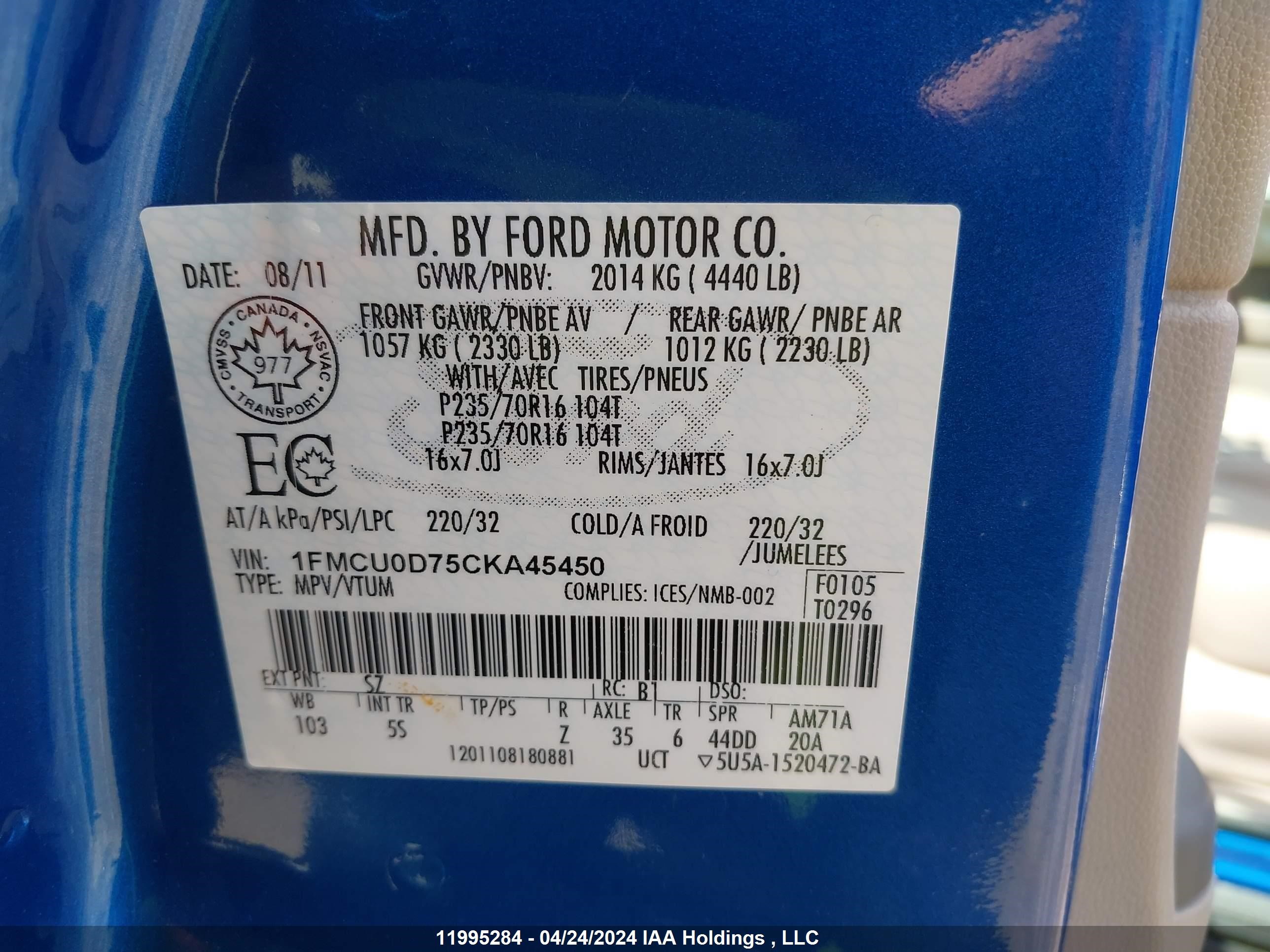 Photo 8 VIN: 1FMCU0D75CKA45450 - FORD ESCAPE 