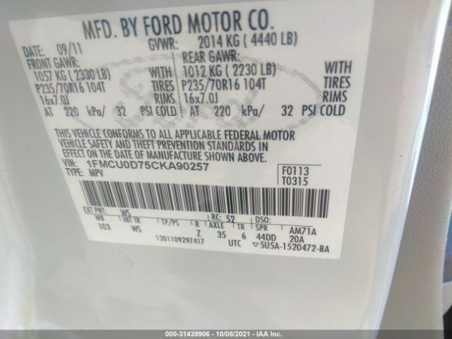 Photo 8 VIN: 1FMCU0D75CKA90257 - FORD ESCAPE 