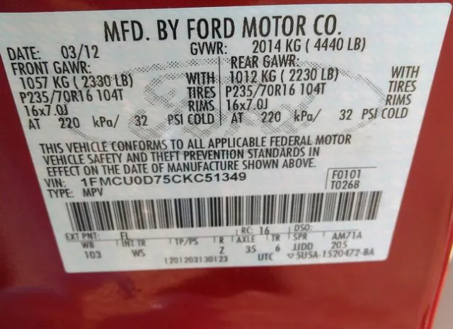 Photo 8 VIN: 1FMCU0D75CKC51349 - FORD ESCAPE 