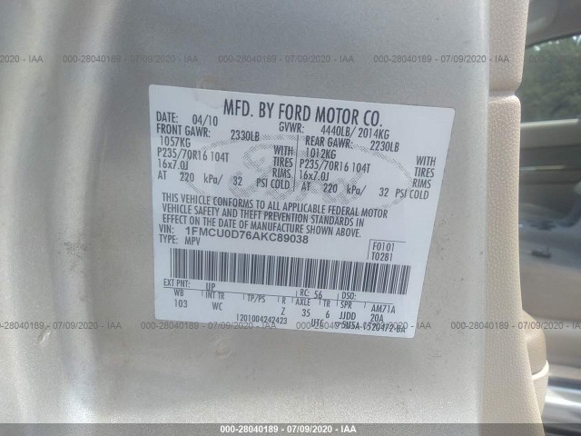 Photo 8 VIN: 1FMCU0D76AKC89038 - FORD ESCAPE 