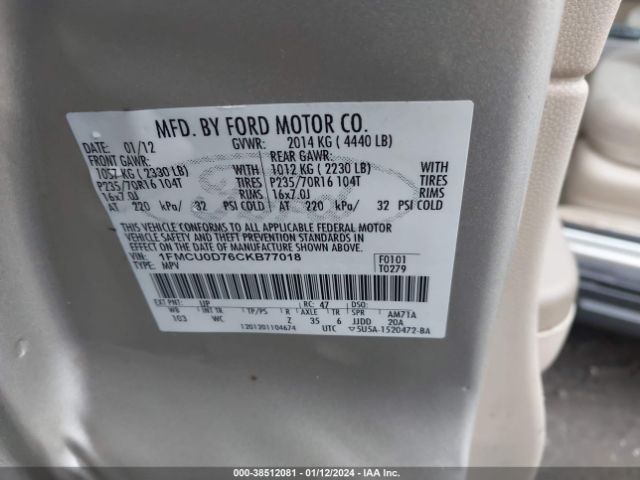 Photo 8 VIN: 1FMCU0D76CKB77018 - FORD ESCAPE 