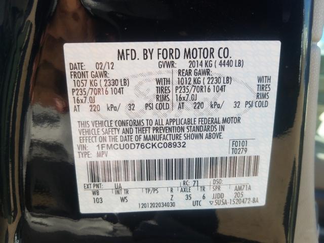 Photo 9 VIN: 1FMCU0D76CKC08932 - FORD ESCAPE XLT 