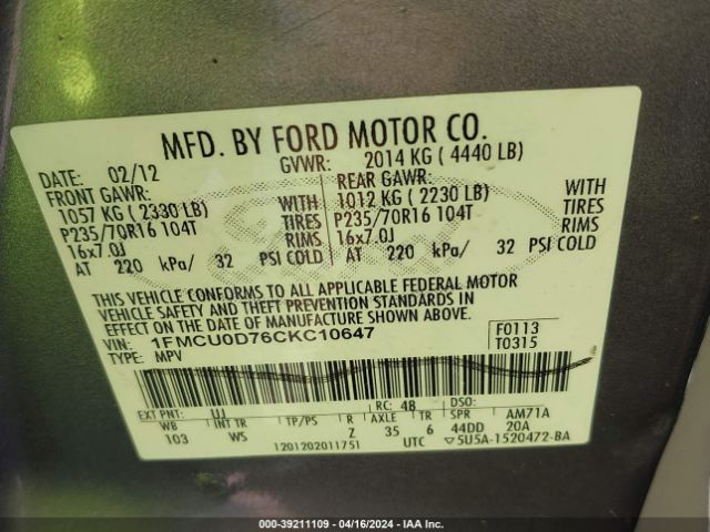 Photo 8 VIN: 1FMCU0D76CKC10647 - FORD ESCAPE 