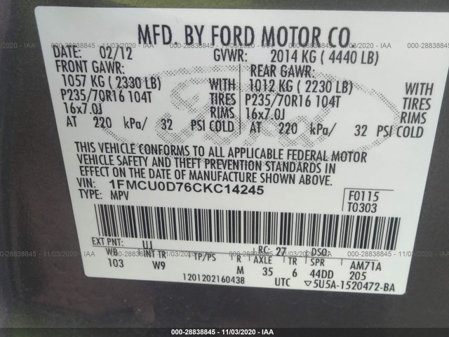 Photo 8 VIN: 1FMCU0D76CKC14245 - FORD ESCAPE 