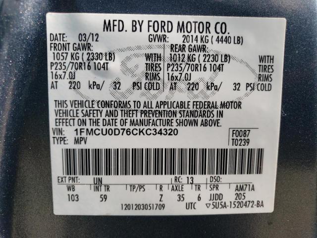 Photo 12 VIN: 1FMCU0D76CKC34320 - FORD ESCAPE XLT 