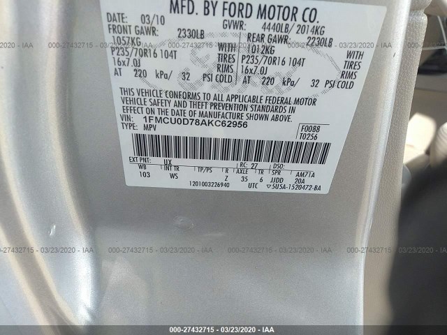 Photo 8 VIN: 1FMCU0D78AKC62956 - FORD ESCAPE 