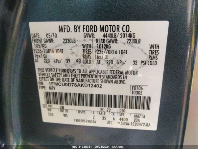 Photo 8 VIN: 1FMCU0D78AKD12402 - FORD ESCAPE 