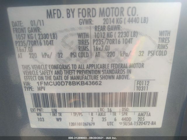 Photo 8 VIN: 1FMCU0D78BKB43662 - FORD ESCAPE 