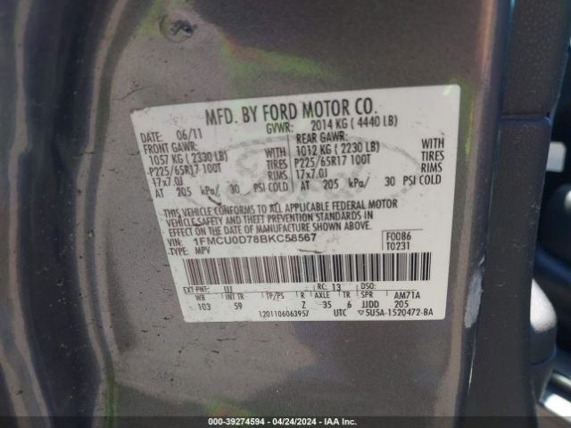 Photo 8 VIN: 1FMCU0D78BKC58567 - FORD ESCAPE 