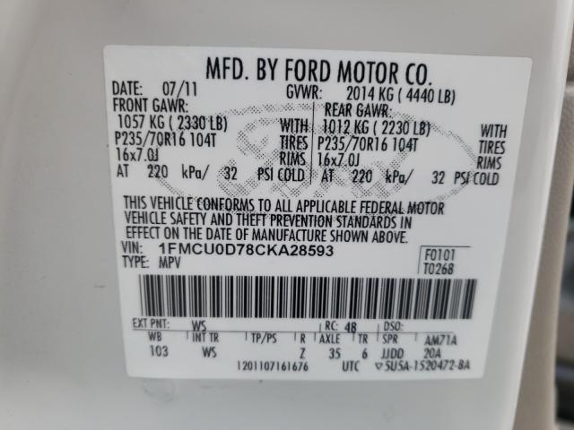 Photo 9 VIN: 1FMCU0D78CKA28593 - FORD ESCAPE XLT 