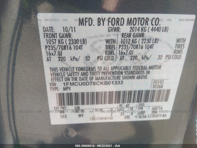 Photo 8 VIN: 1FMCU0D78CKB01333 - FORD ESCAPE 