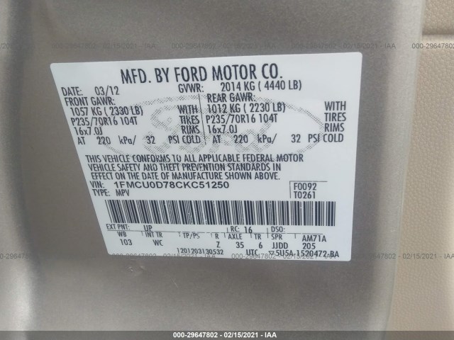 Photo 8 VIN: 1FMCU0D78CKC51250 - FORD ESCAPE 