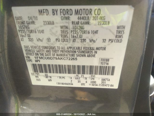 Photo 8 VIN: 1FMCU0D79AKC72265 - FORD ESCAPE 