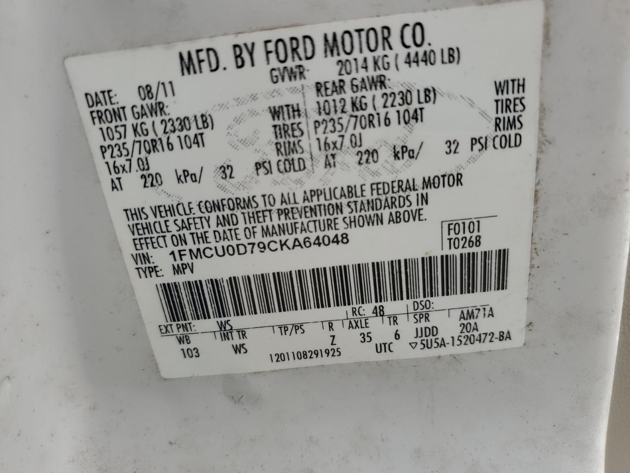 Photo 12 VIN: 1FMCU0D79CKA64048 - FORD ESCAPE 