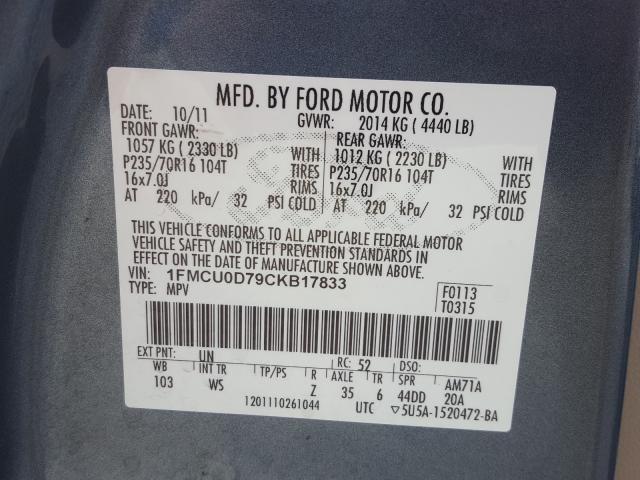 Photo 9 VIN: 1FMCU0D79CKB17833 - FORD ESCAPE XLT 