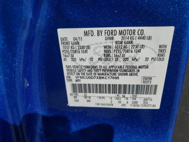 Photo 9 VIN: 1FMCU0D7XBKC17695 - FORD ESCAPE XLT 