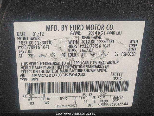 Photo 8 VIN: 1FMCU0D7XCKB94243 - FORD ESCAPE 