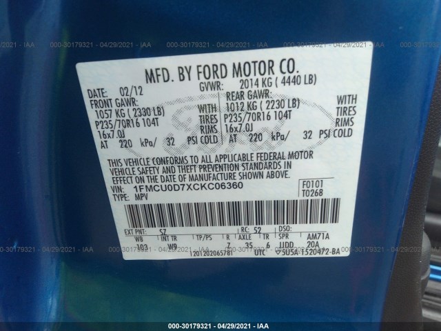 Photo 8 VIN: 1FMCU0D7XCKC06360 - FORD ESCAPE 